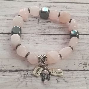 Pink quartz & hematite nuggets, silver, charms